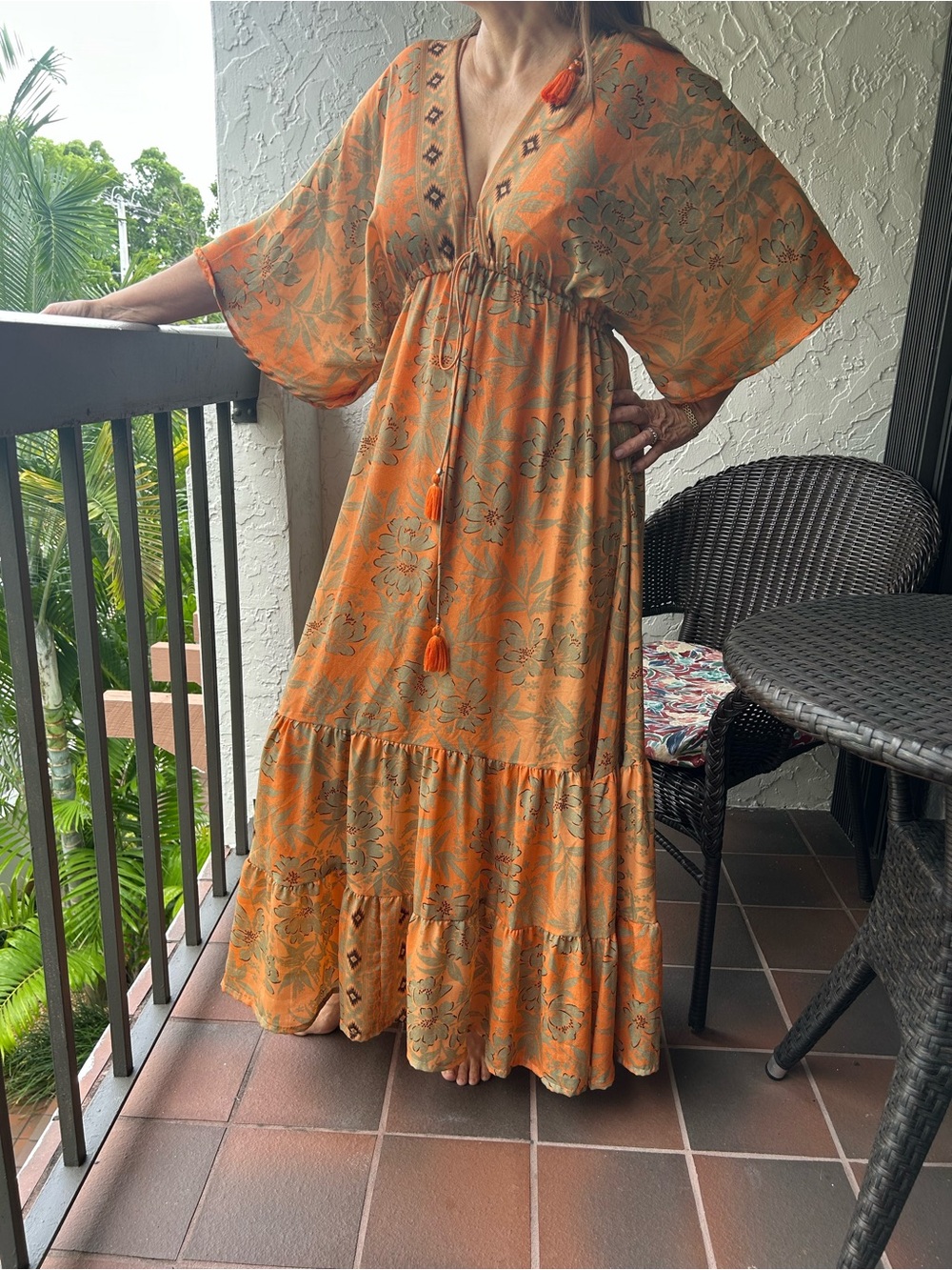 Floral Boho Maxi Dress in Orange and Beige